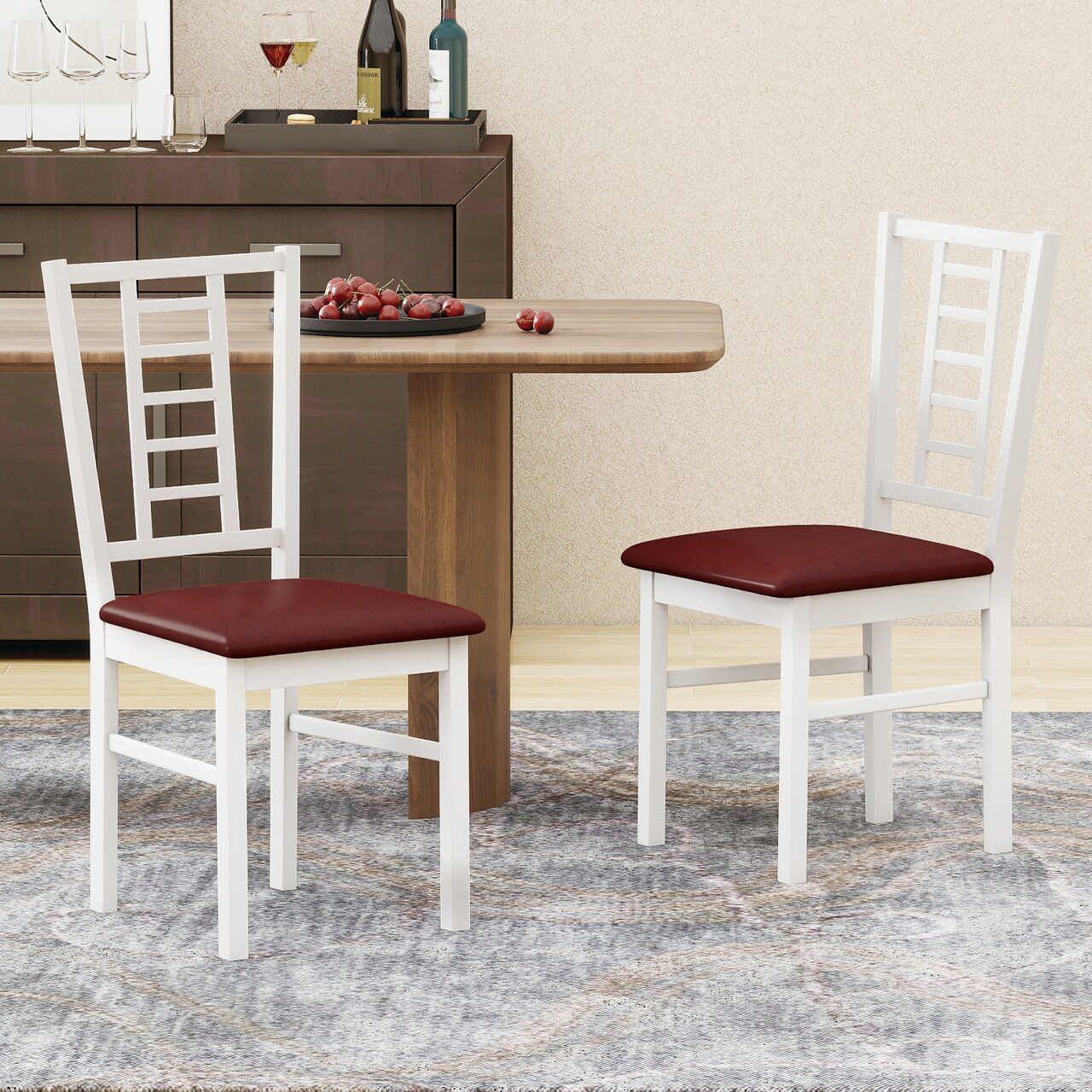 Set of 2 PU Leather Upholstered Dining Chairs with Wood Frame and Back Support